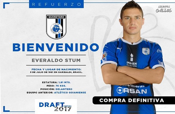 El brasileño Everaldo Stum, proveniente de Atlético Goianiense de su país, es el último refuerzo del conjunto queretano de cara al Torneo de Apertura 2017. (Foto: Twitter Club Querétaro).