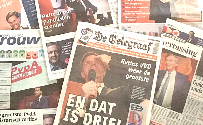 PRIMERAS PÁGINAS de diversos periódicos en Holanda el día después de las elecciones.