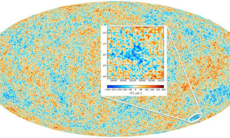 Mapa de la radiación de fondo de microondas (CMB) grabado por el satélite artificial Planck que muestra el 'Punto Frío'.