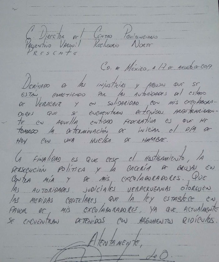 En carta, anuncia Duarte huelga de hambre